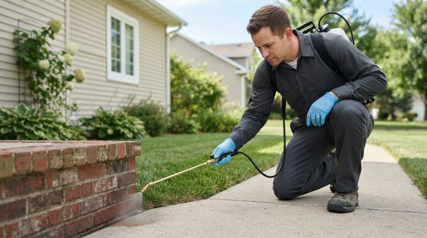 Pest control technician treating a home near Ayer, MA
